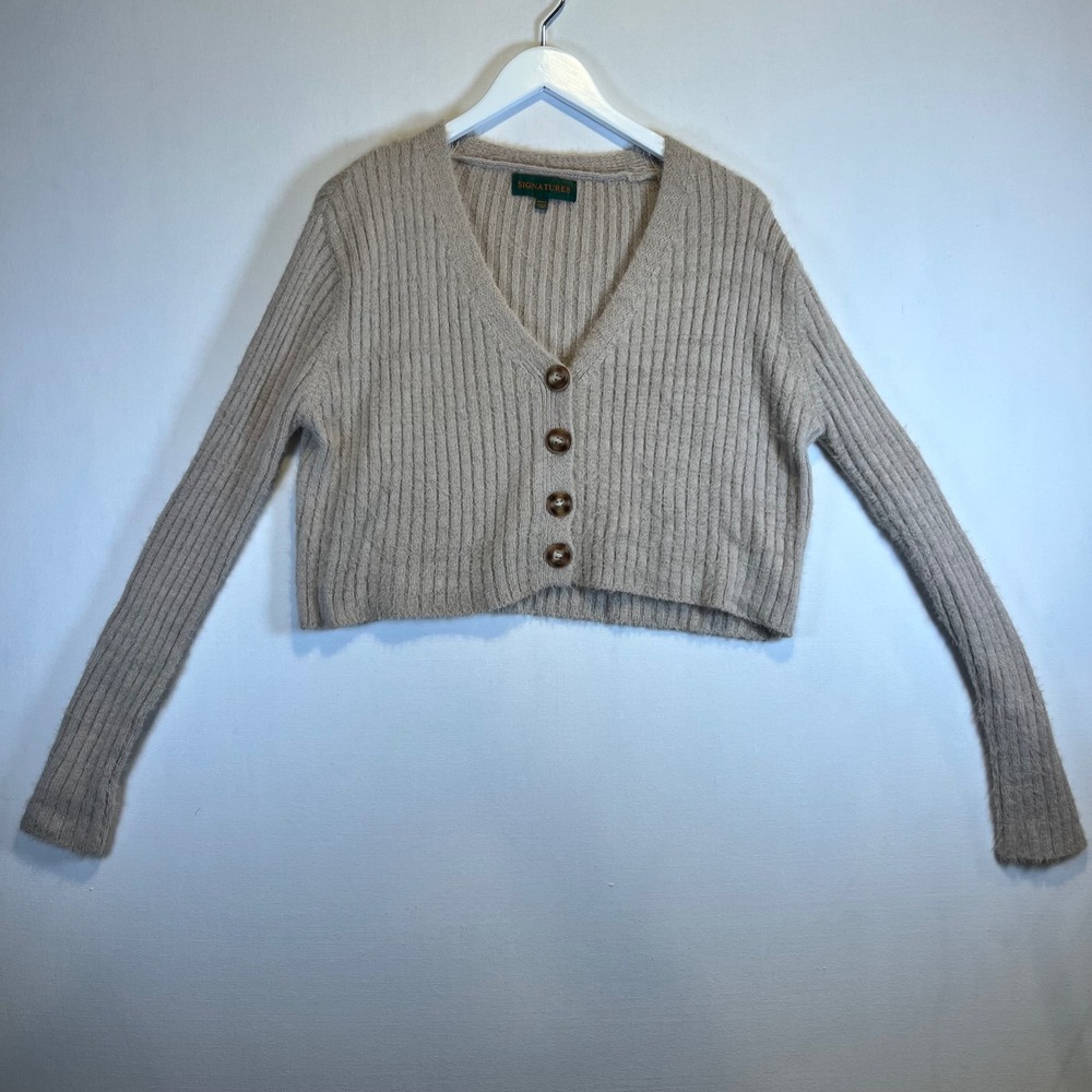 Signature8 Womens Tan Ribbed Fuzzy Cropped Cardigan Sweater V-Neck Small